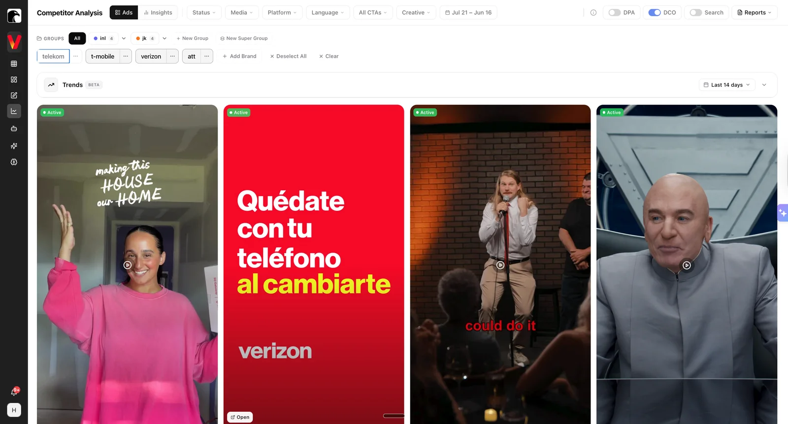 Hawky competitor analysis view showing live competitor ads from Verizon, T-Mobile, and AT&T side by side for creative intelligence