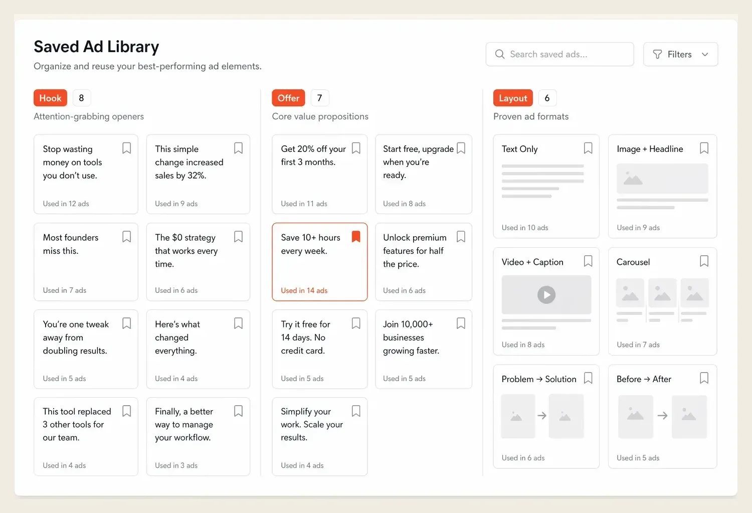 Swipe file board organizing saved high-performing ad examples by format and angle